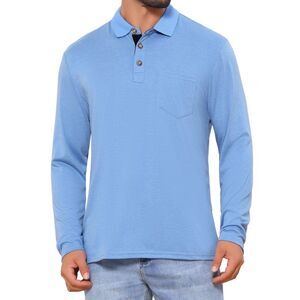 Contrast Button Collared Pocket Long Sleeves Golf Polo T-Shirts Light Blue